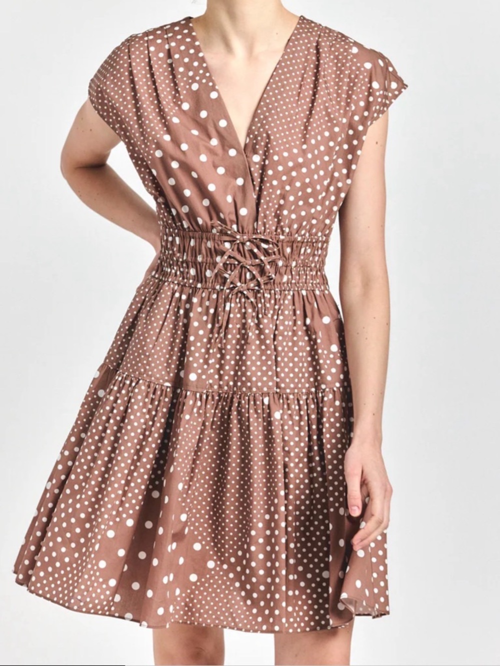 Derek Lam 10 Crosby - Polka Dot Brown Tiered V-Neck Dress